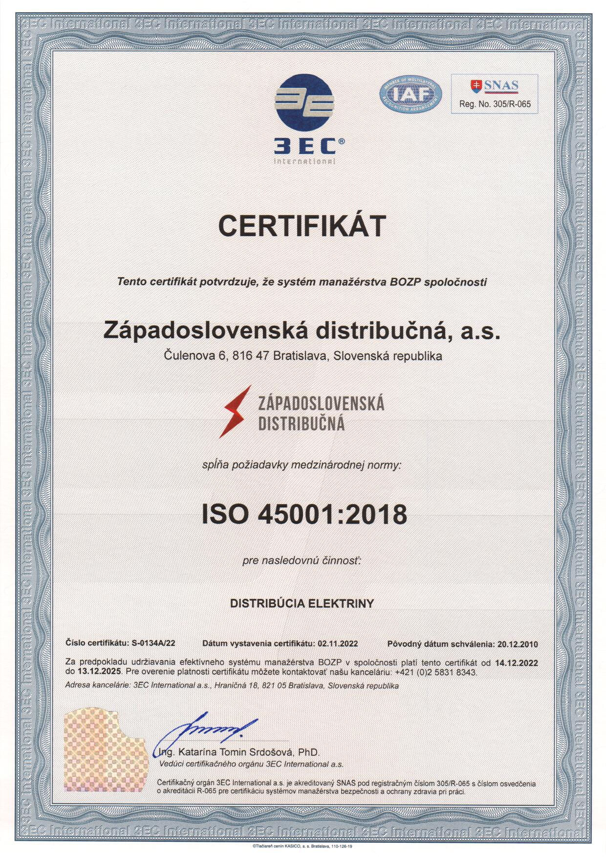 Certifikát OHSAS 2016